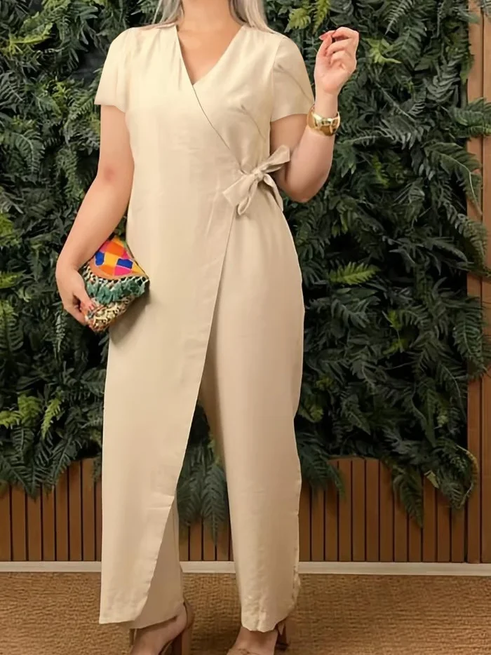 Women's H-Line T-Shirt V Neck Daily Going Out Casual Lace-up Cotton Plain Summer Long Jumpsuit Romper