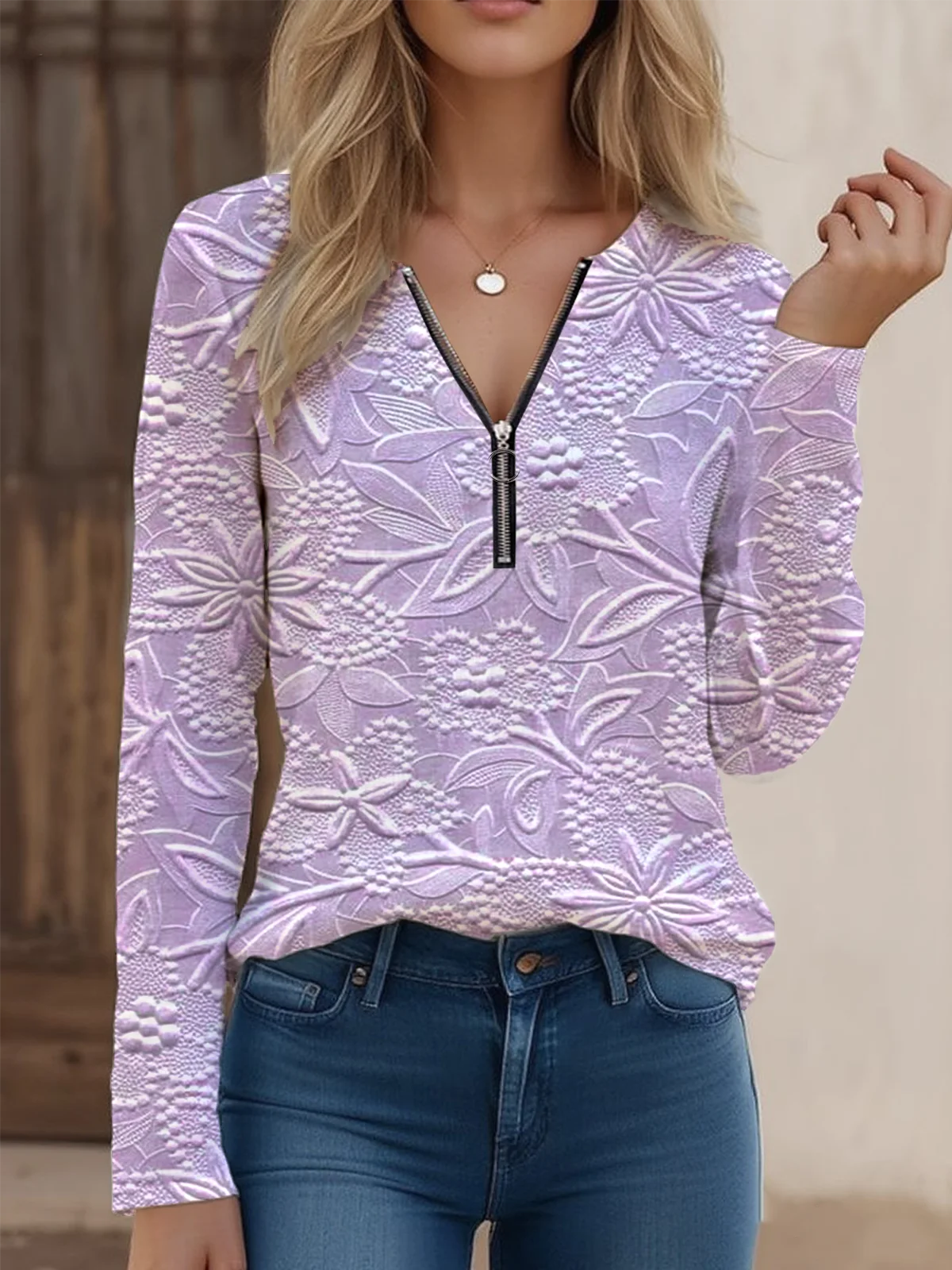 Casual V Neck Zipper Cotton-Blend T-Shirt