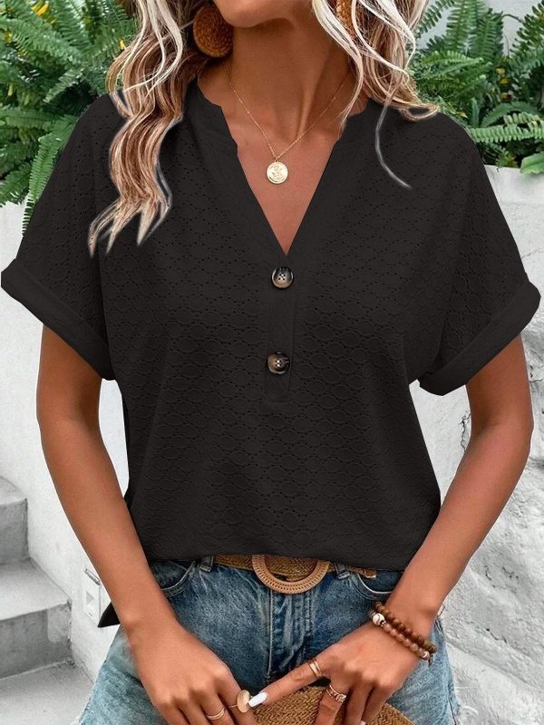 Women's Short Sleeve T-shirt Summer Yellow Plain Buckle V Neck Daily Going Out Casual Top