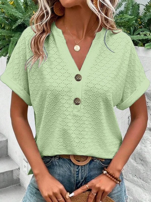 Women's Short Sleeve T-shirt Summer Yellow Plain Buckle V Neck Daily Going Out Casual Top