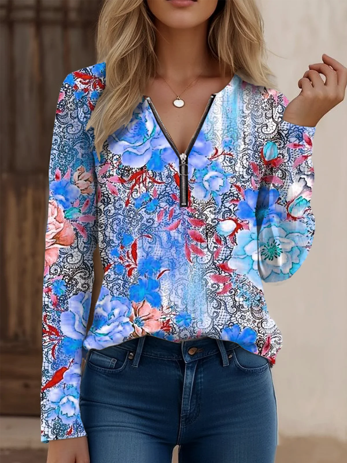 Loose Floral Zipper Vintage T-Shirt