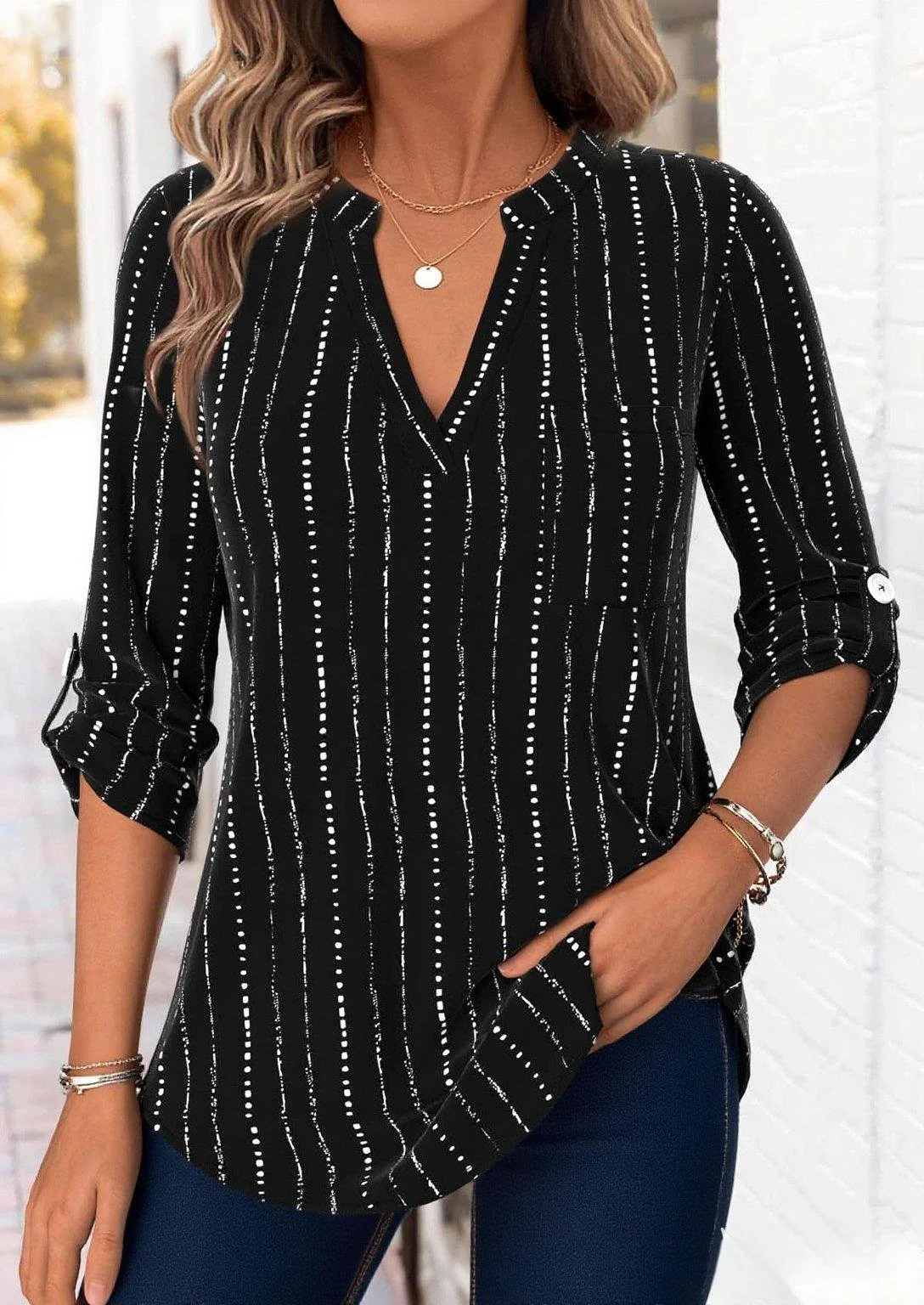 Cotton-Blend Casual Loose V Neck Blouse
