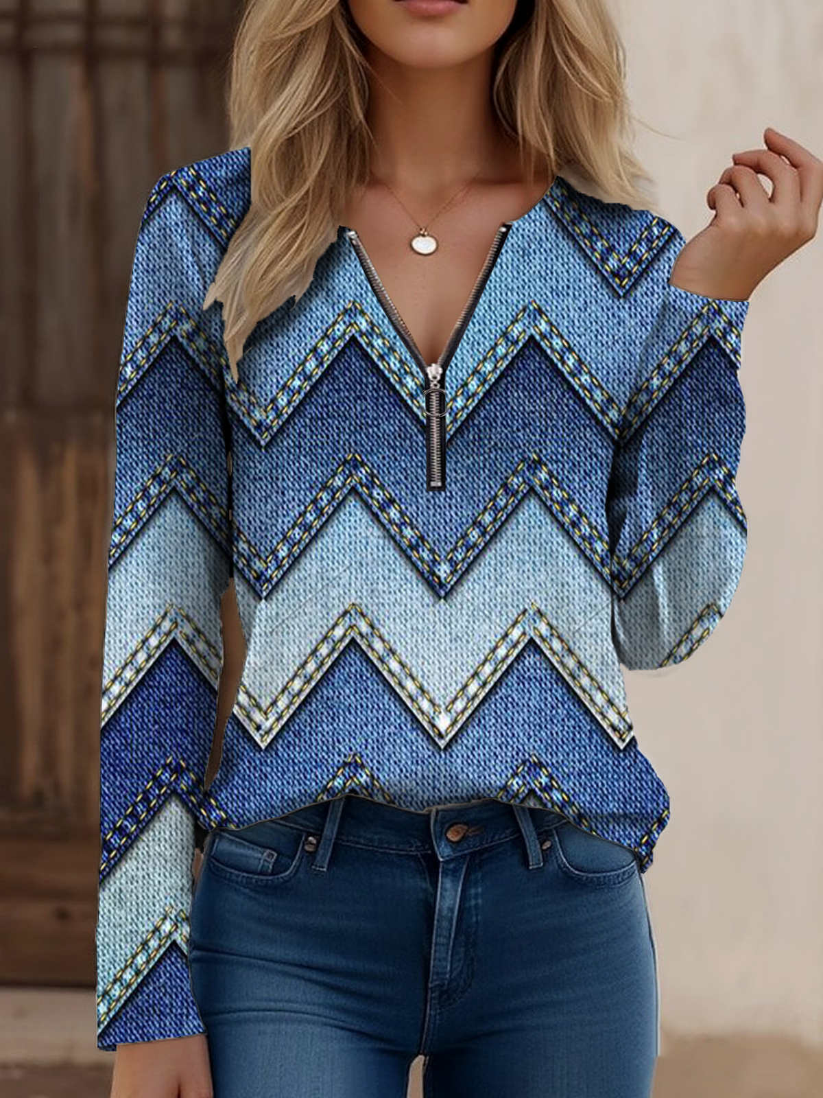 Vintage Faux Denim Print Graphic Loose Zipper T-Shirt