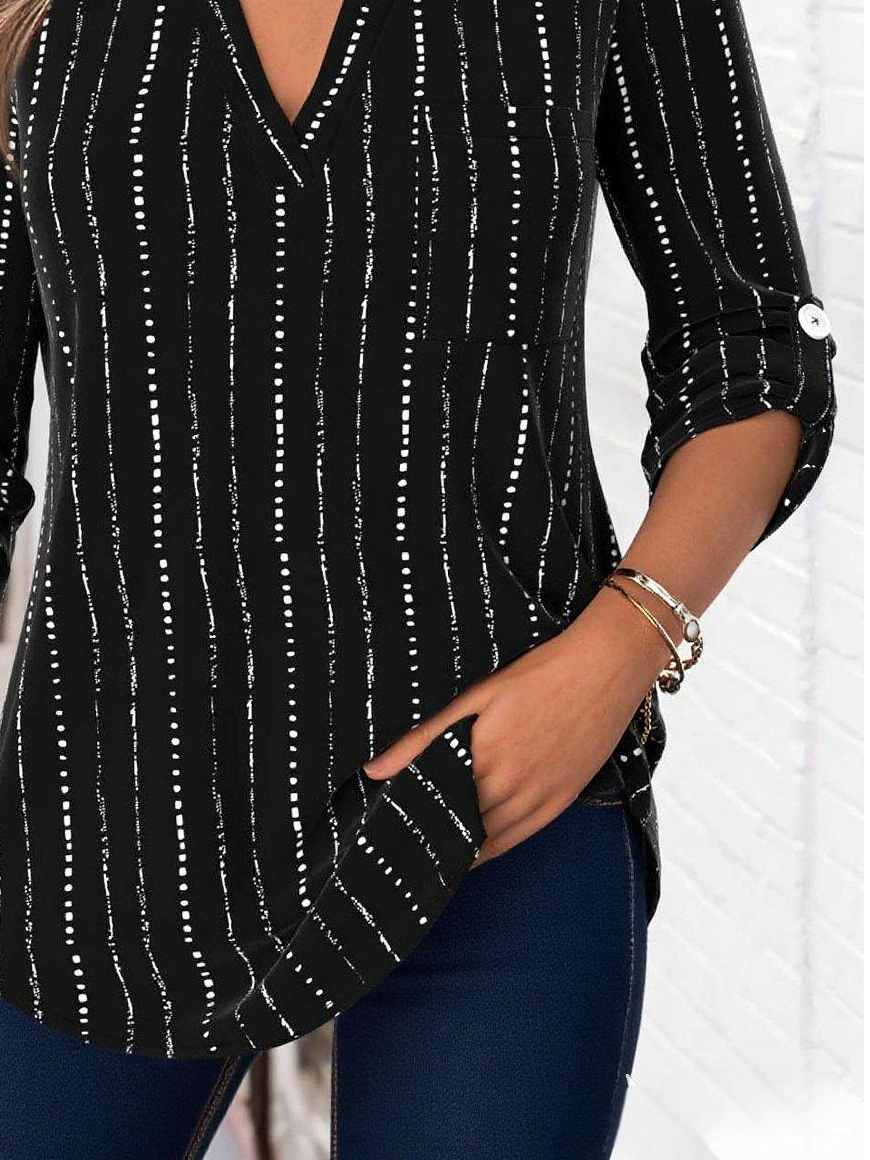 Cotton-Blend Casual Loose V Neck Blouse