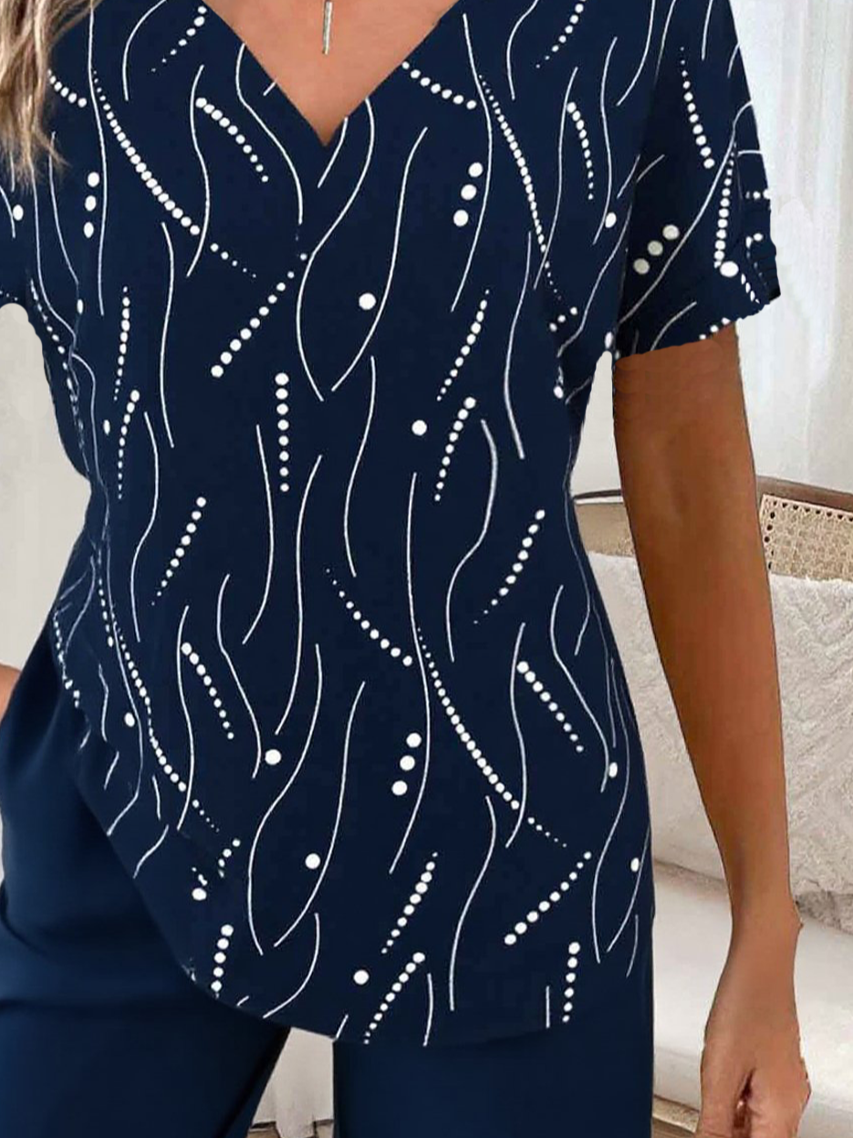 Print Casual V Neck Short Sleeve T-Shirt