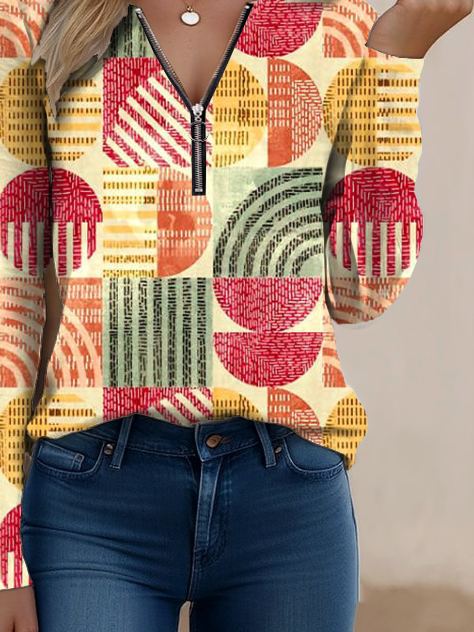 Loose Multicolor Block Vintage Zipper T-Shirt