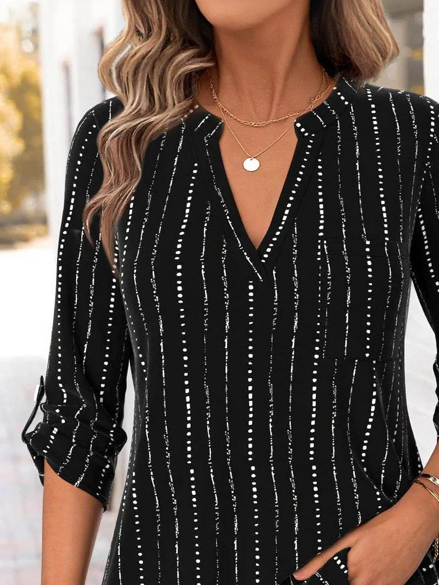 Cotton-Blend Casual Loose V Neck Blouse