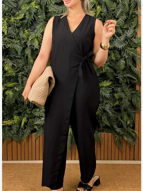 Women's H-Line T-Shirt V Neck Daily Going Out Casual Lace-up Cotton Plain Summer Long Jumpsuit Romper