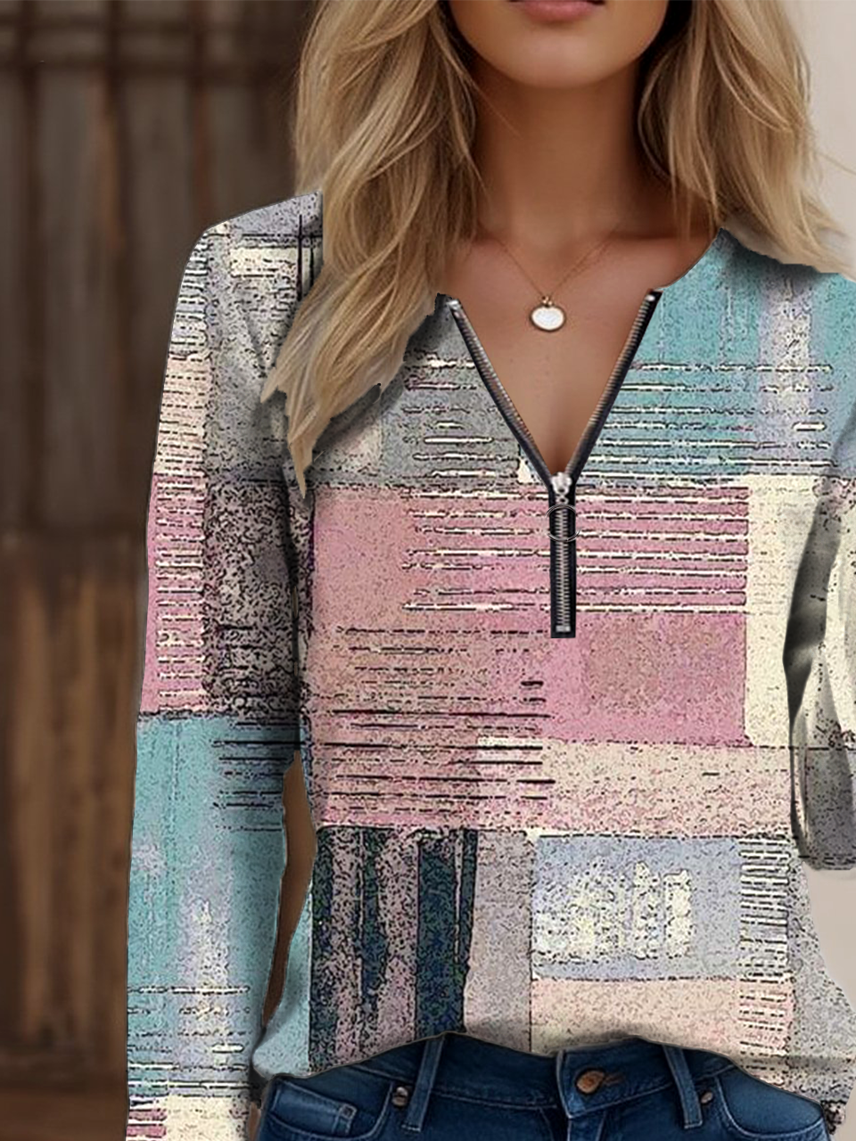 Multicolor Block Vintage Zipper Cotton-Blend T-Shirt