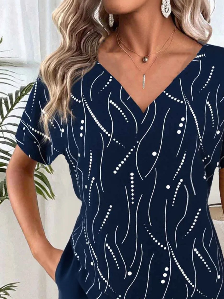 Print Casual V Neck Short Sleeve T-Shirt