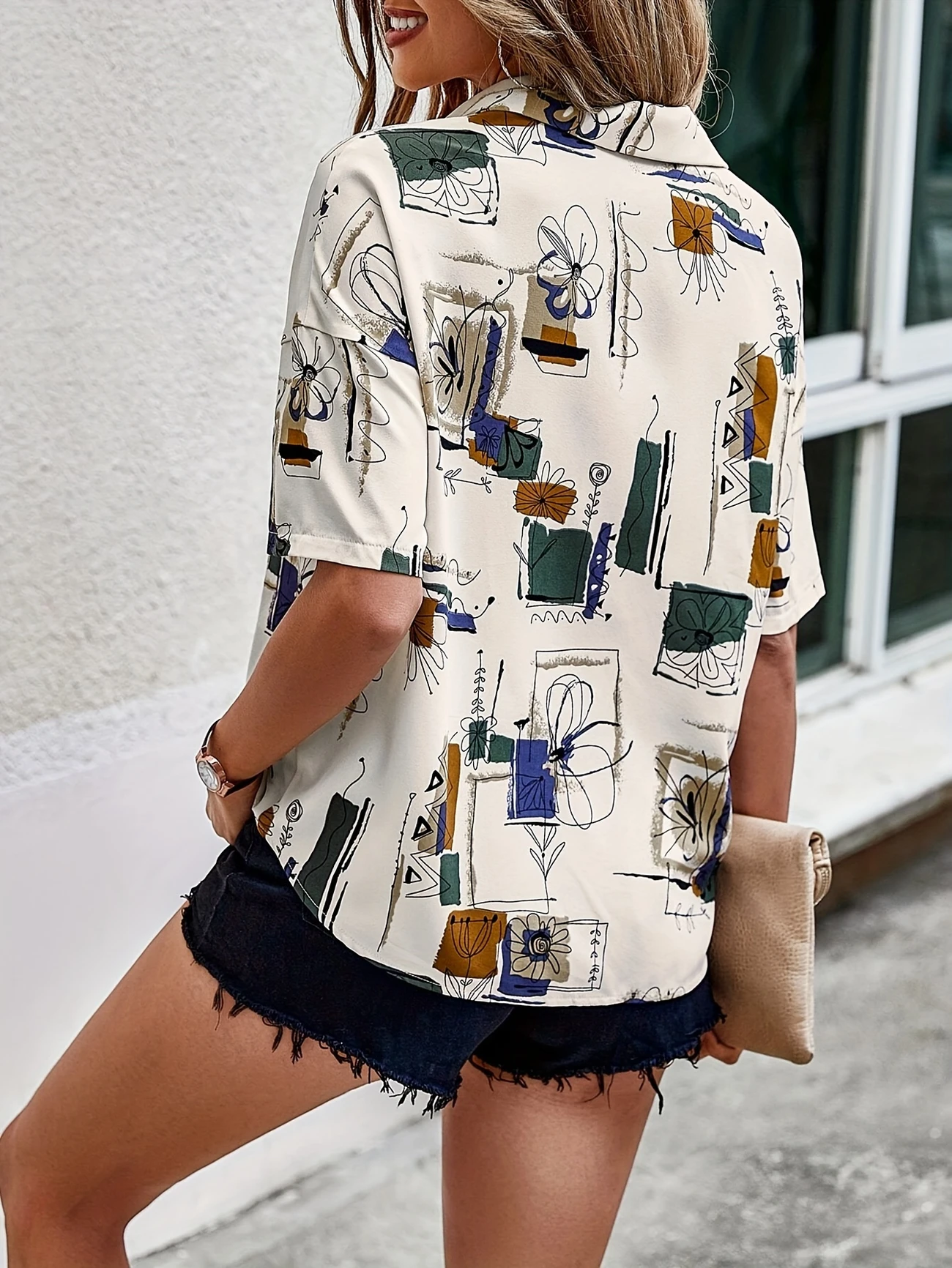 Women's Short Sleeve Shirt Summer Apricot Abstract Printing Shirt Collar Daily Going Out Casual Top