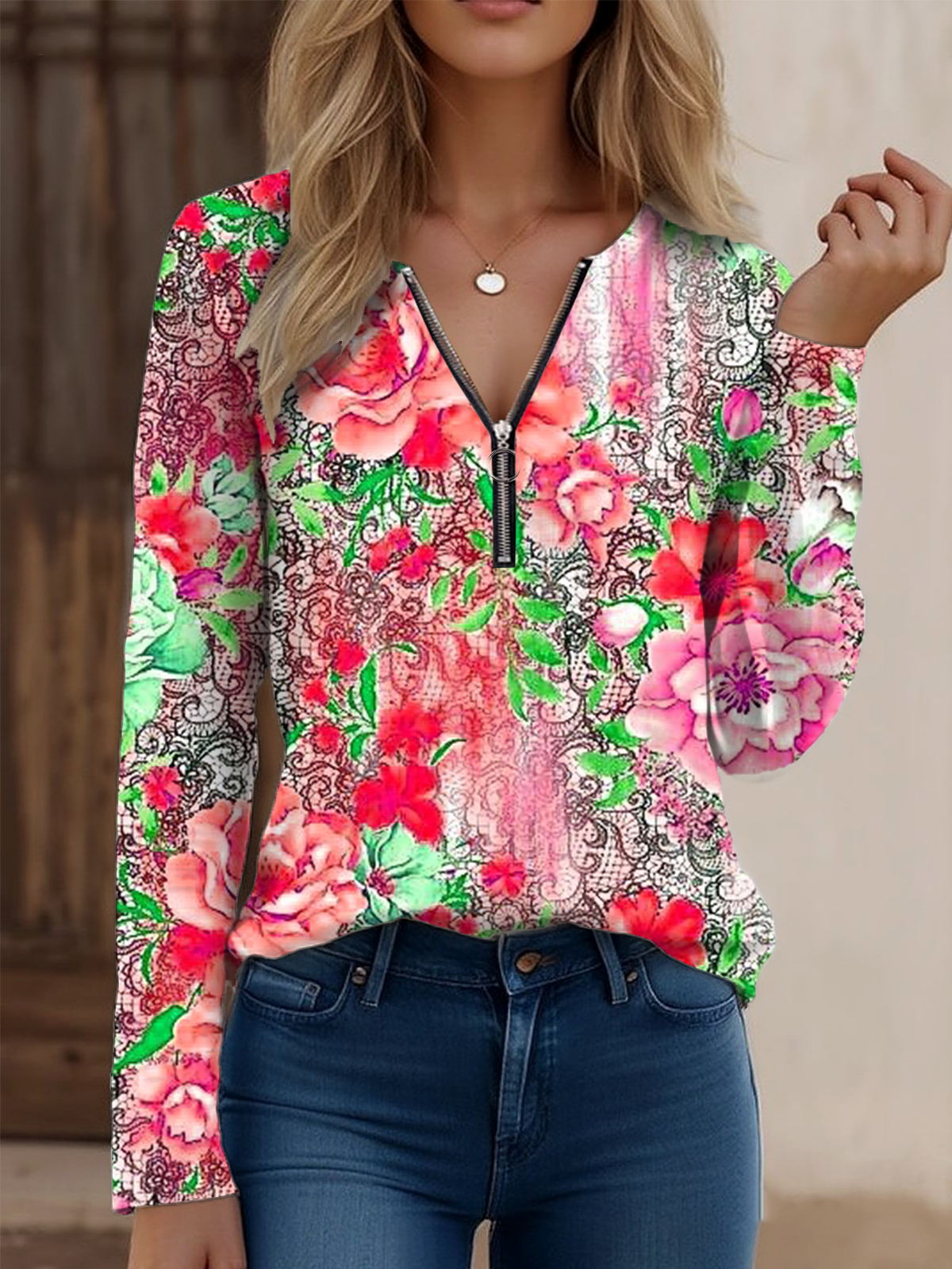 Loose Floral Zipper Vintage T-Shirt