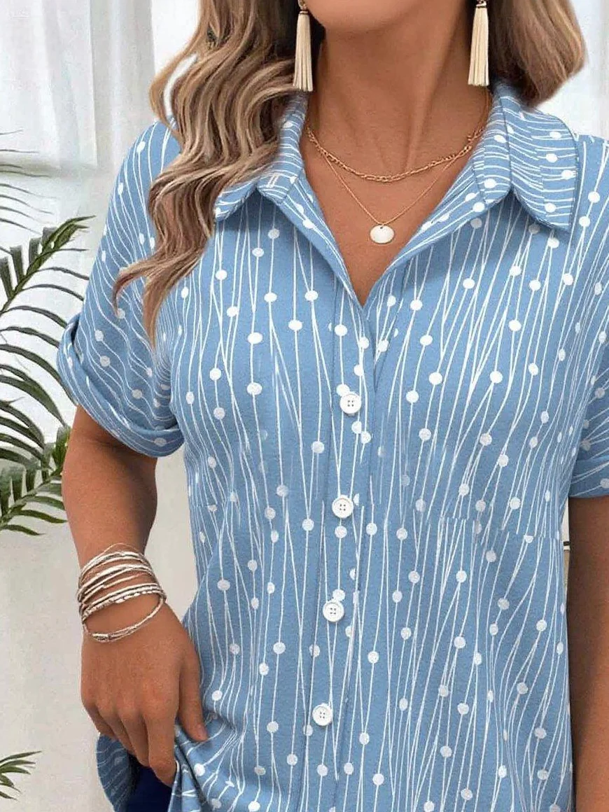 Linen Blend Simple Shawl Collar Striped Shirt