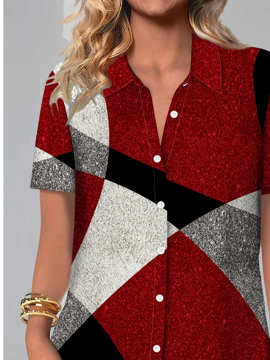 Women's Short Sleeve Shirt Summer Red Geometric Printing Shirt Collar Daily Going Out Casual Top