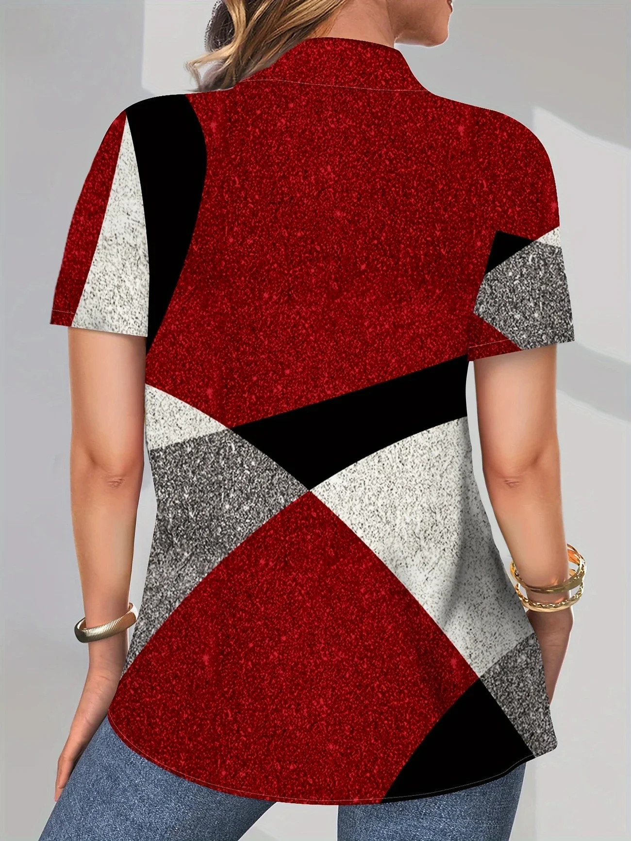 Women's Short Sleeve Shirt Summer Red Geometric Printing Shirt Collar Daily Going Out Casual Top