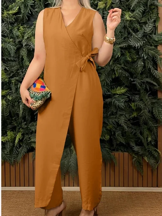 Women's H-Line T-Shirt V Neck Daily Going Out Casual Lace-up Cotton Plain Summer Long Jumpsuit Romper