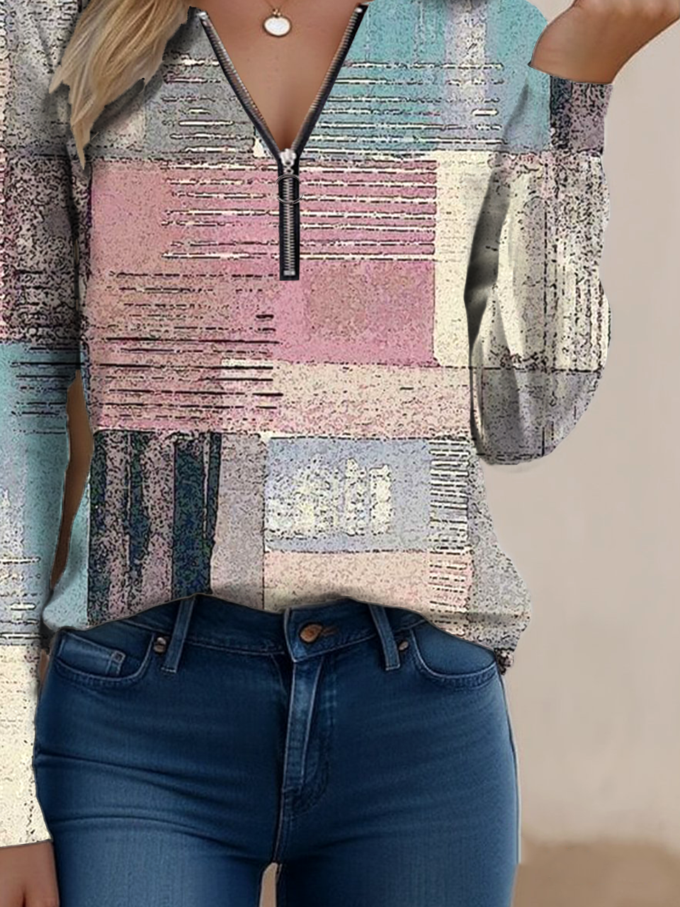 Multicolor Block Vintage Zipper Cotton-Blend T-Shirt