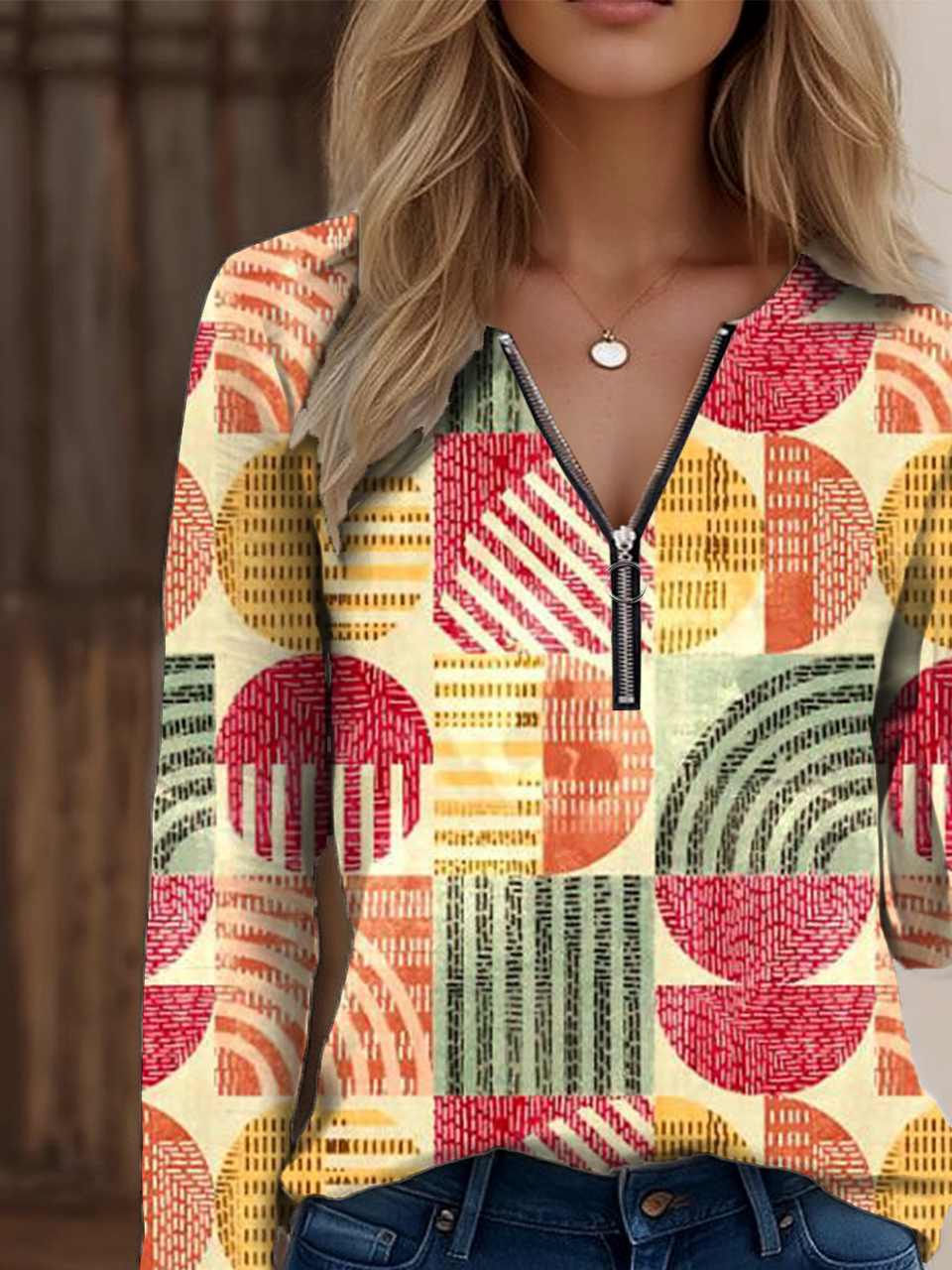 Loose Multicolor Block Vintage Zipper T-Shirt