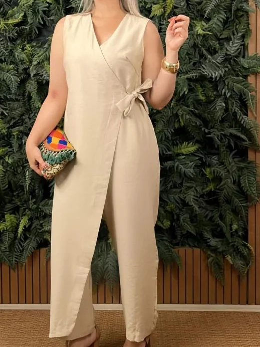 Women's H-Line T-Shirt V Neck Daily Going Out Casual Lace-up Cotton Plain Summer Long Jumpsuit Romper