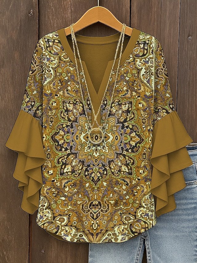 V Neck Loose Vintage Nationality/Ethnic Shirt