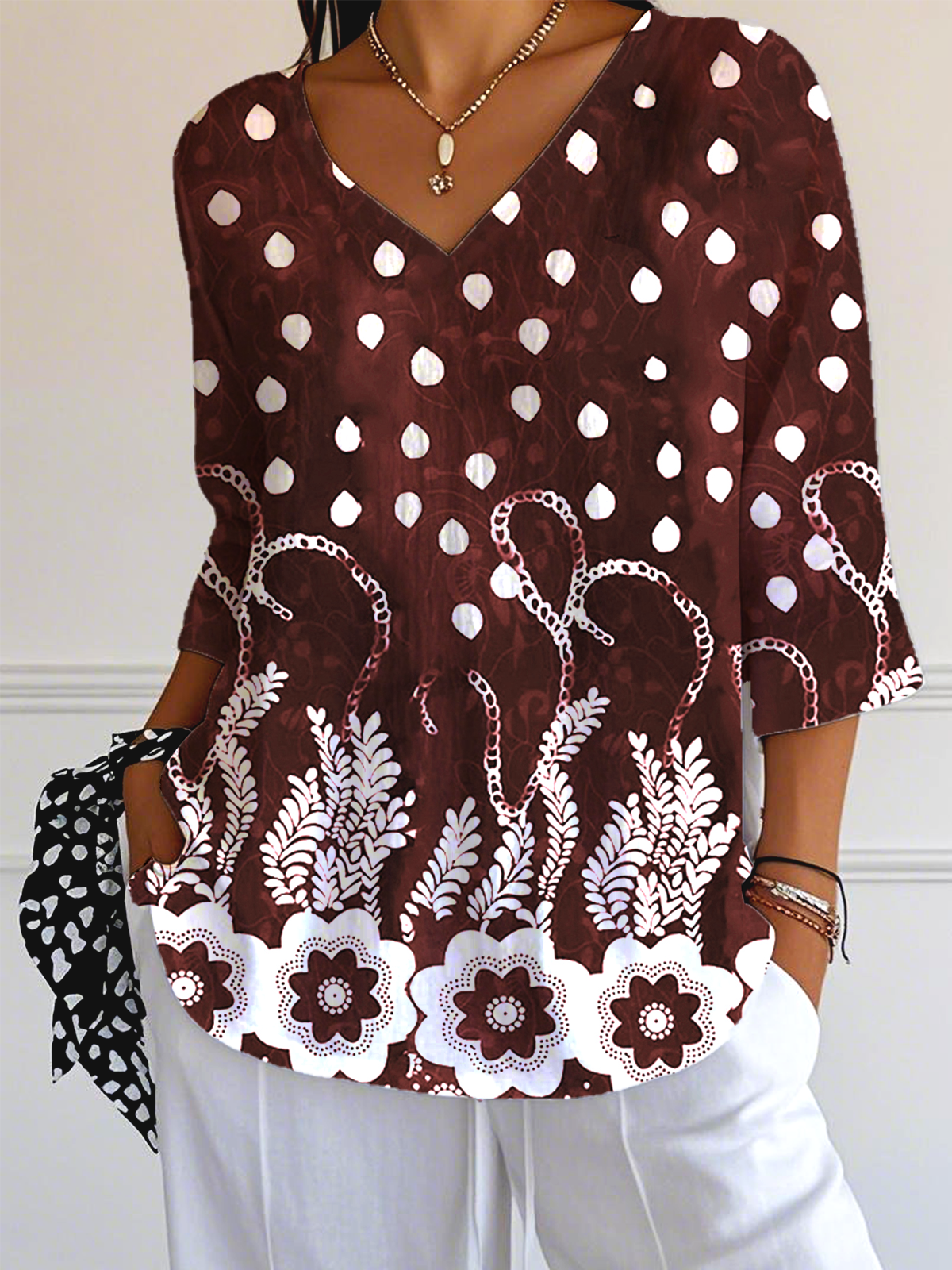 Floral V Neck Simple Loose T-Shirt
