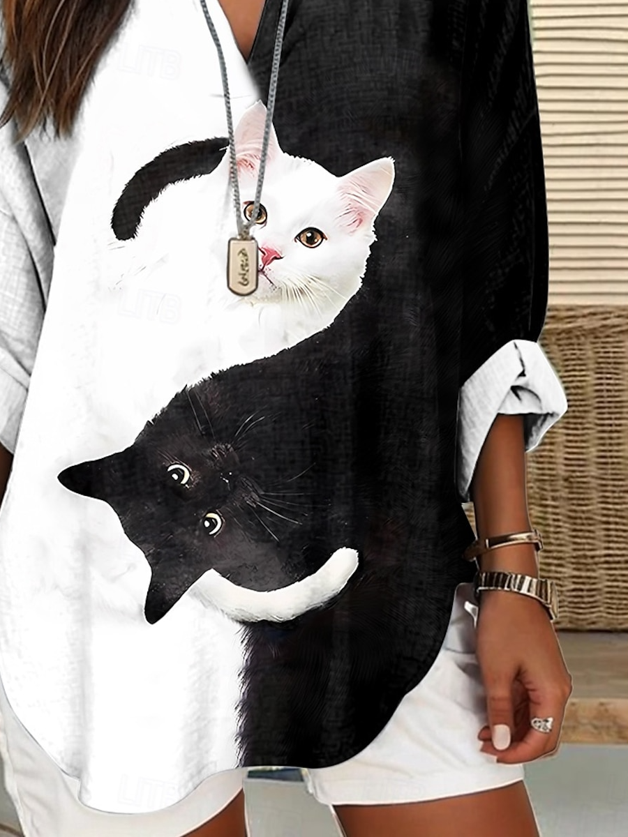 Women's Casual Long-Sleeved Printed V-Neck Shirt