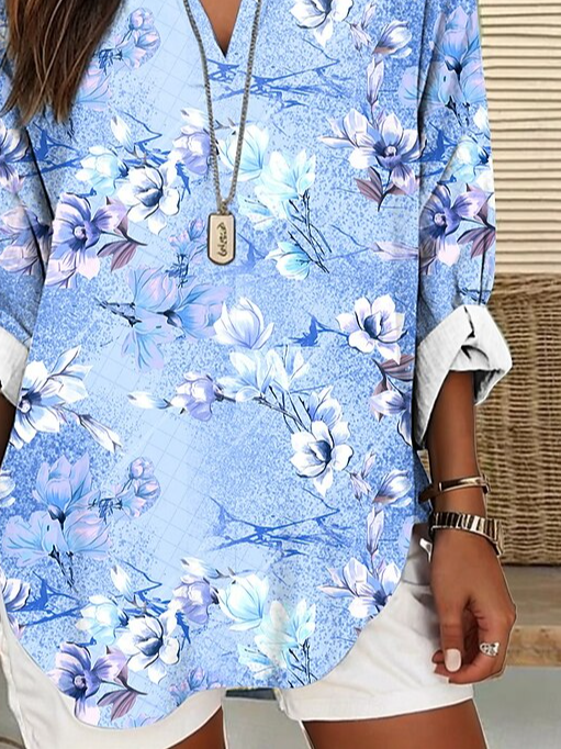 Women's Casual Long-Sleeved Printed V-Neck Shirt