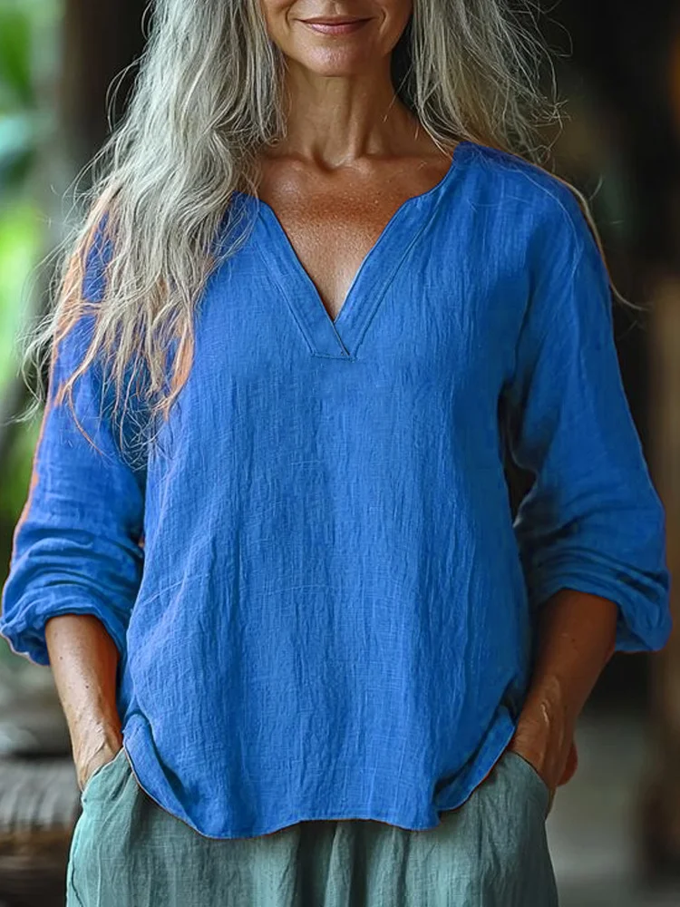 V Neck Casual Plain Cotton Shirt