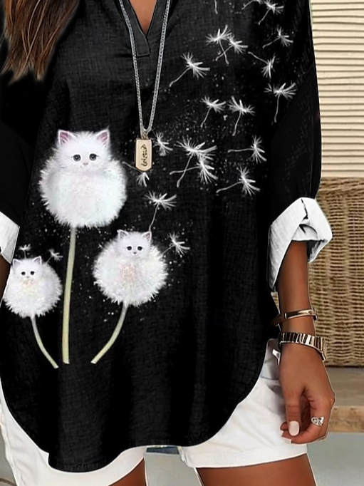 Women's Casual Long-Sleeved Printed V-Neck Shirt