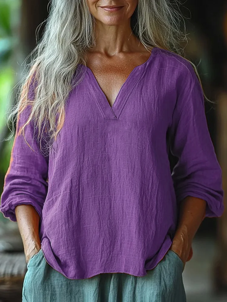 V Neck Casual Plain Cotton Shirt