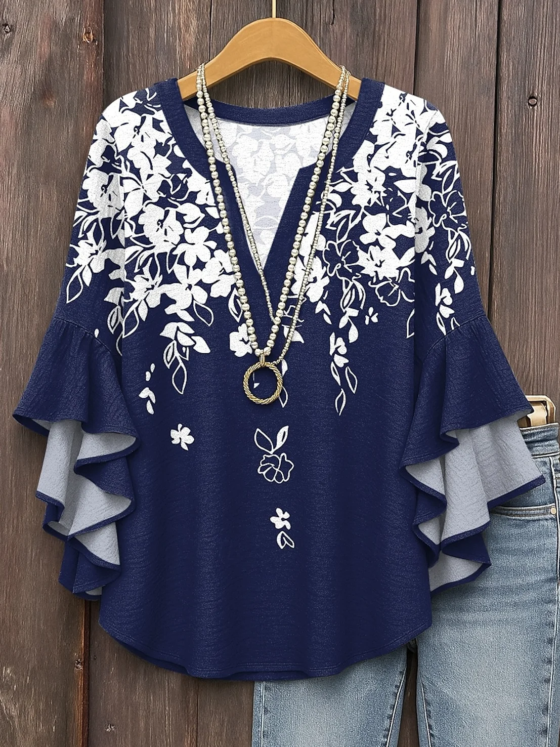 Loose Casual V Neck Gradient Pattern Shirt