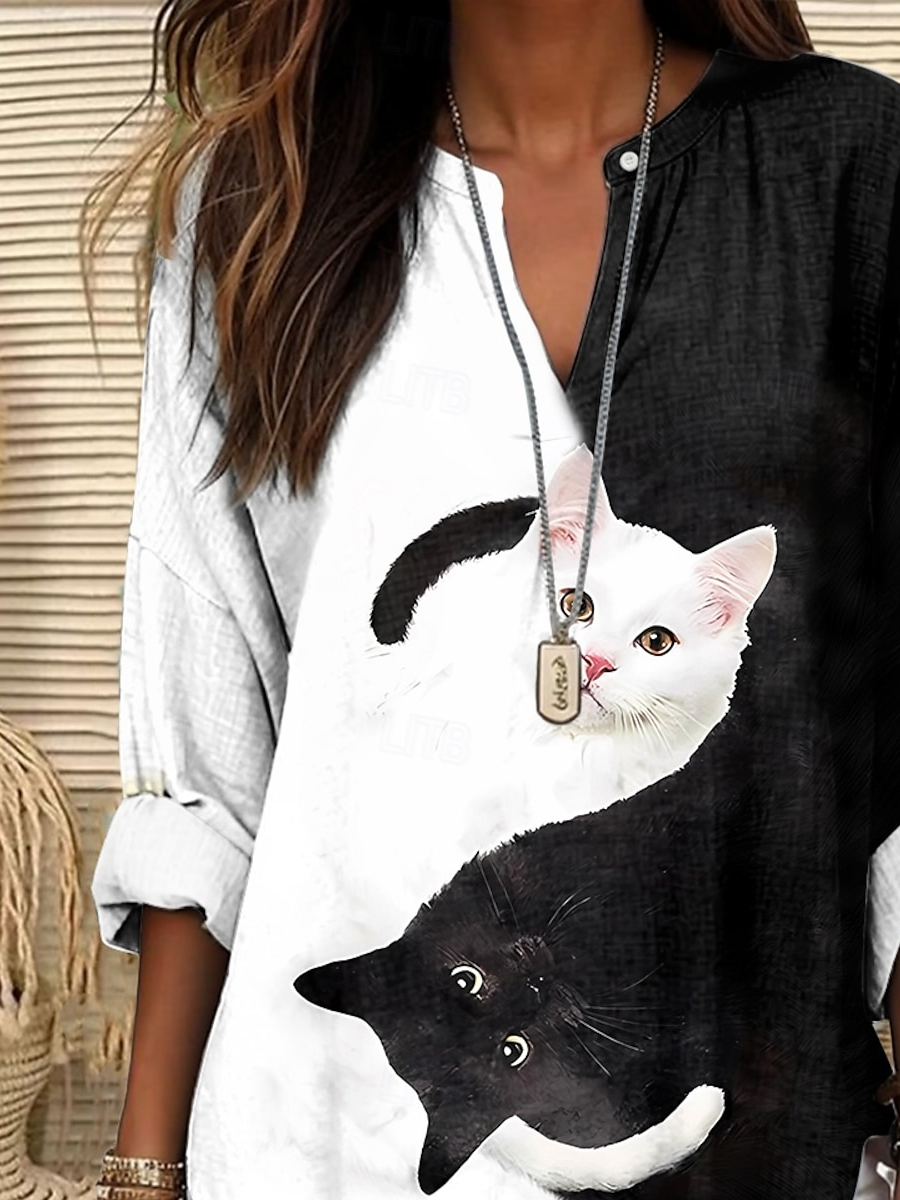 Women's Casual Long-Sleeved Printed V-Neck Shirt