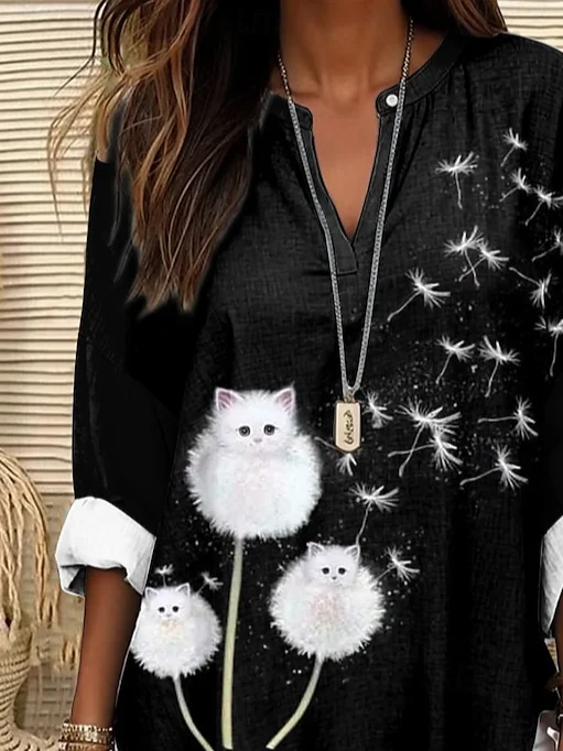 Women's Casual Long-Sleeved Printed V-Neck Shirt
