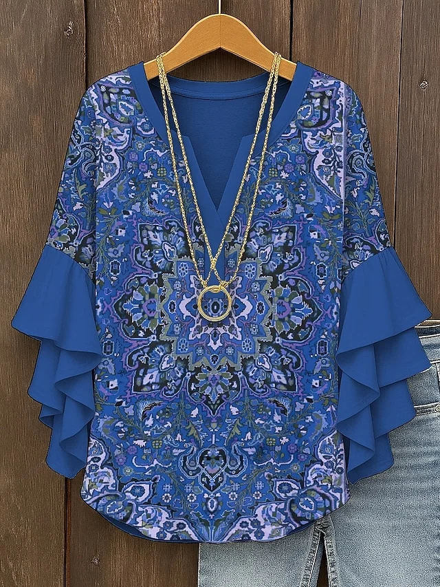 V Neck Loose Vintage Nationality/Ethnic Shirt