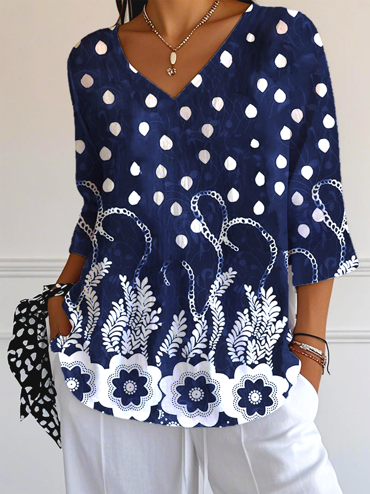 Floral V Neck Simple Loose T-Shirt