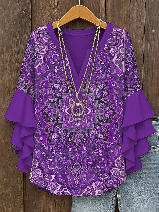 V Neck Loose Vintage Nationality/Ethnic Shirt