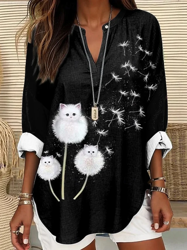 Women's Casual Long-Sleeved Printed V-Neck Shirt
