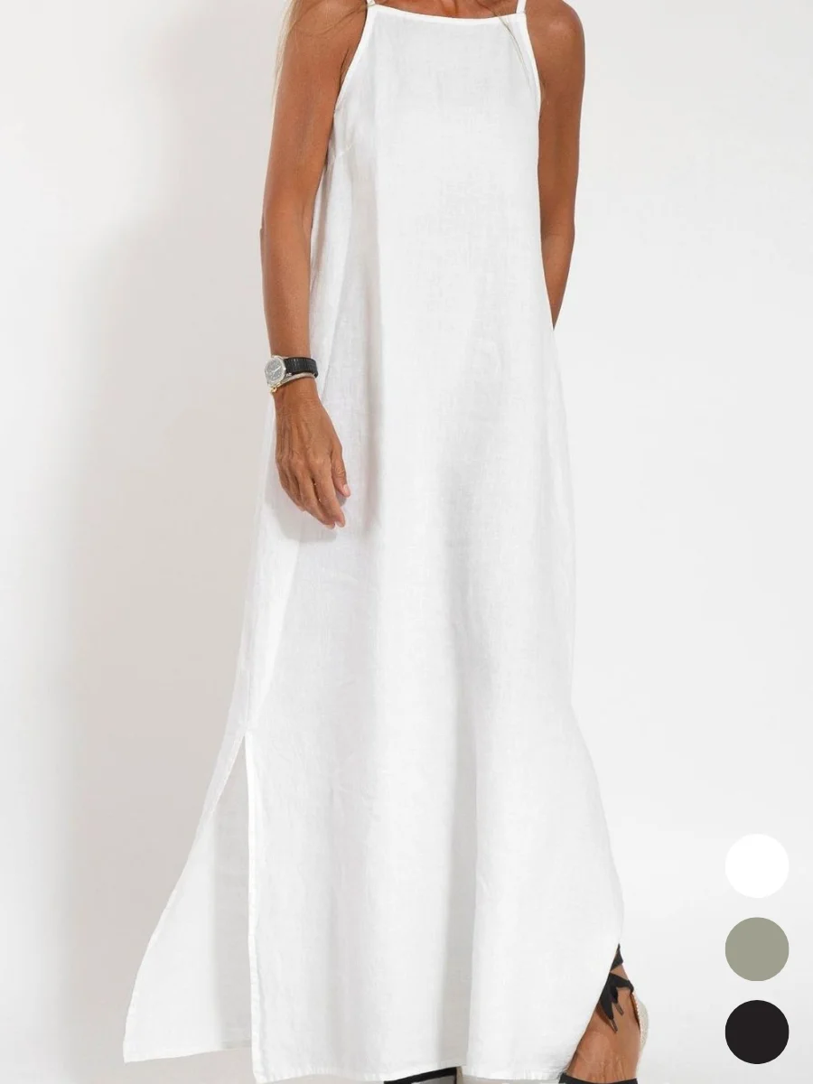 Women's Sleeveless Summer White Plain Split Joint Crew Neck Daily Going Out Vintage Maxi A-Line Tank Dress