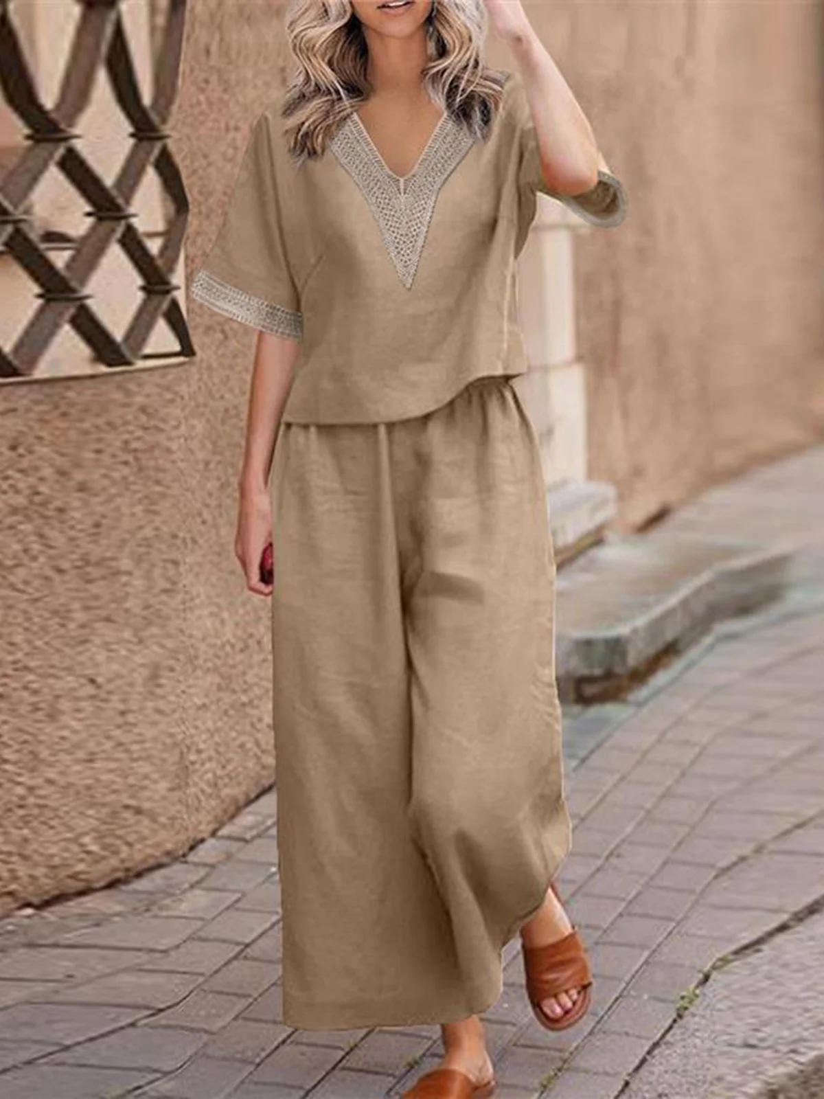 Casual Plain V Neck Two-Piece Set