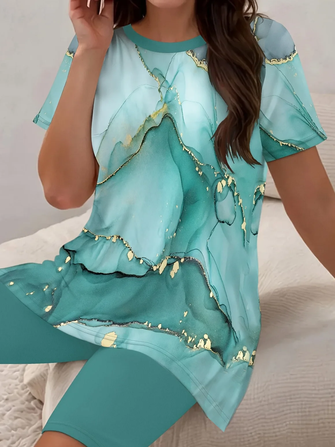 Women's Printing Abstract Daily Going Out Two-Piece Set Green Casual Summer Top With Pants Matching Set