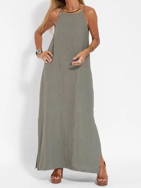 Women's Sleeveless Summer White Plain Split Joint Crew Neck Daily Going Out Vintage Maxi A-Line Tank Dress