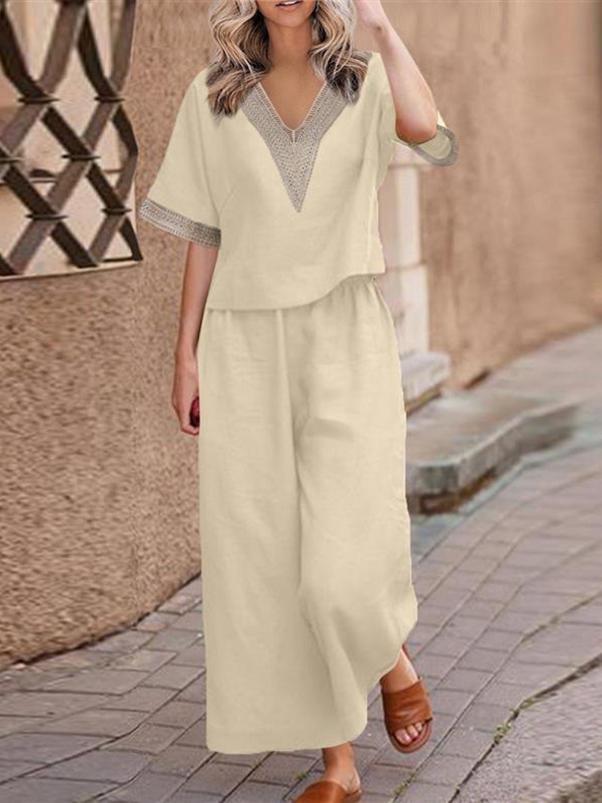 Casual Plain V Neck Two-Piece Set