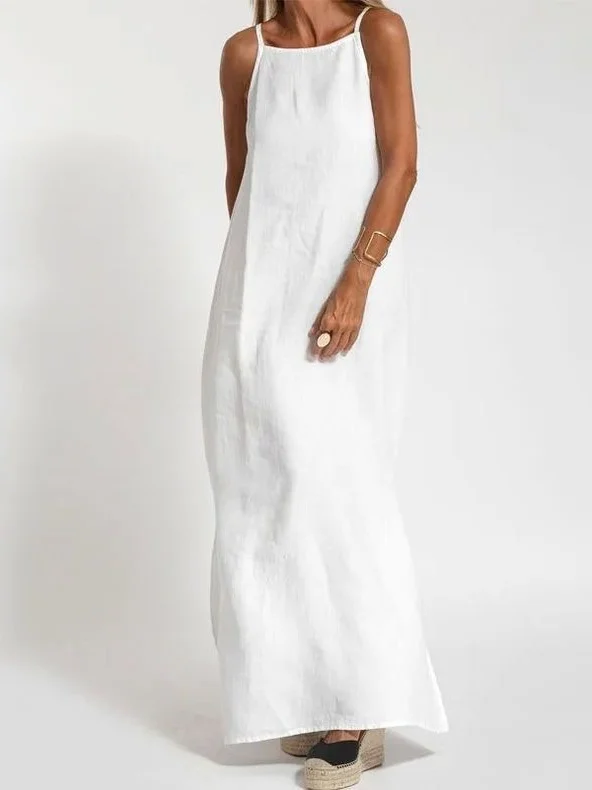 Women's Sleeveless Summer White Plain Split Joint Crew Neck Daily Going Out Vintage Maxi A-Line Tank Dress