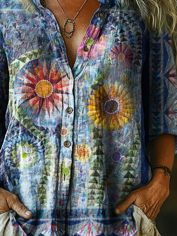 Women's Vintage Bohemian Floral Art Print Casual Cotton Linen Shirt