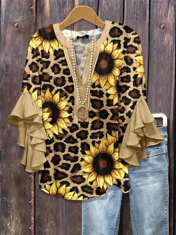 Women's Half Sleeve Shirt Summer Khaki Leopard Printing V Neck Daily Going Out Casual Top