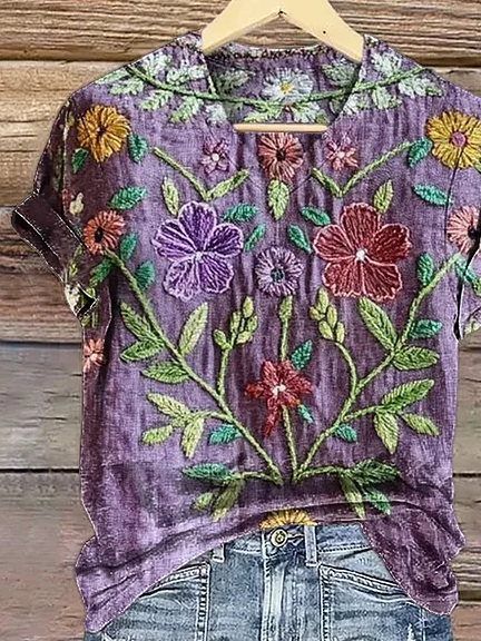 Women's Short Sleeve T-shirt Summer Purple Floral Printing V Neck Daily Going Out Casual Top