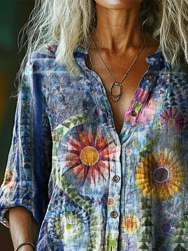 Women's Vintage Bohemian Floral Art Print Casual Cotton Linen Shirt