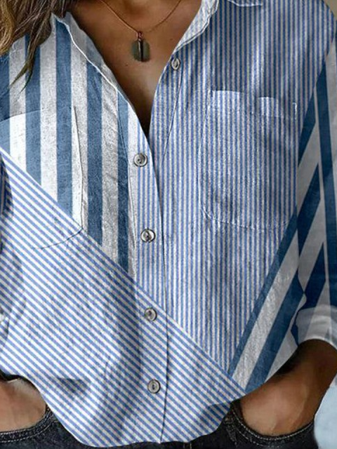 Linen Blend Simple Striped Shawl Collar Shirt