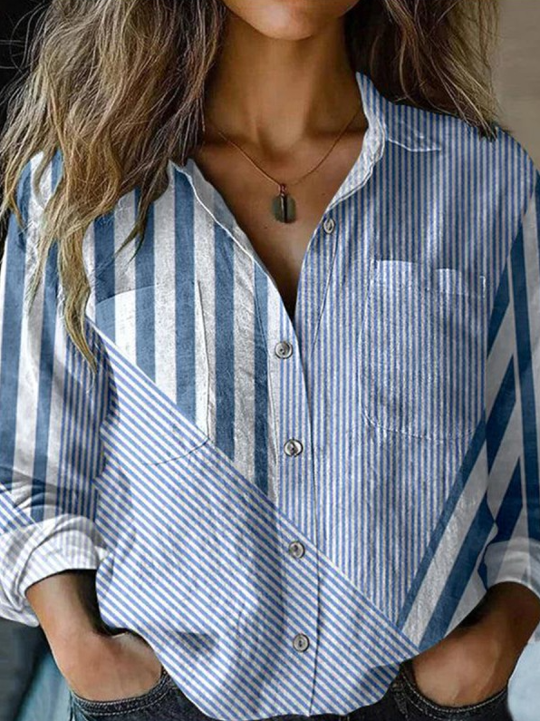 Linen Blend Simple Striped Shawl Collar Shirt