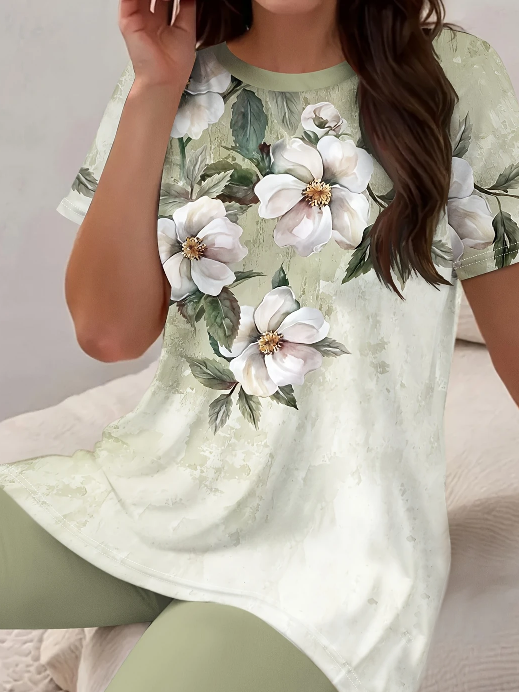 Women's Printing Floral Daily Going Out Two-Piece Set Green Casual Summer Top With Pants Matching Set
